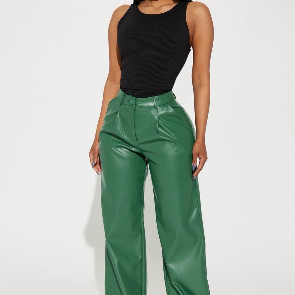 Fashion Nova Black Top and Green Wide-Leg Pants